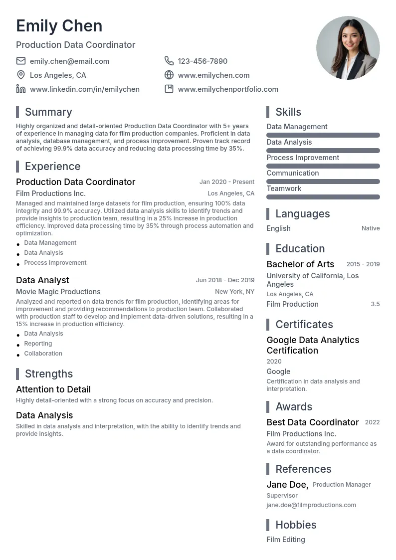 Production Data Coordinator resume example