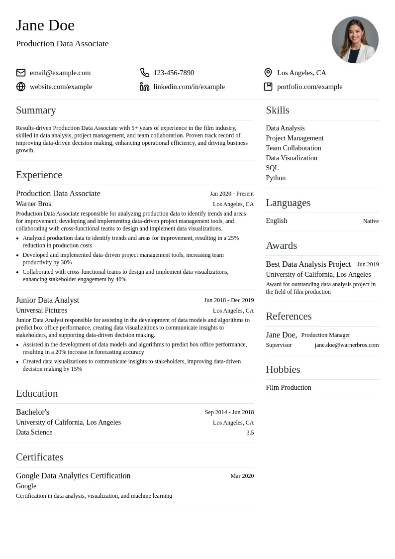 Production Data Associate resume example