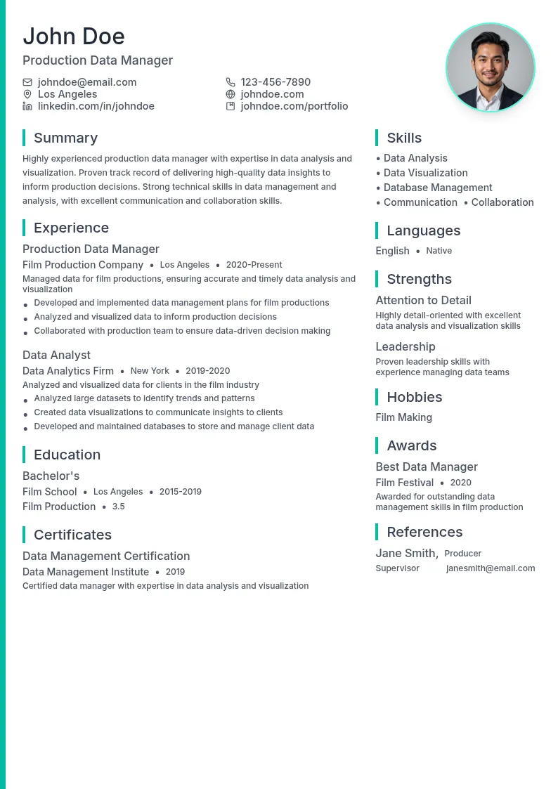 Production Data Manager resume example