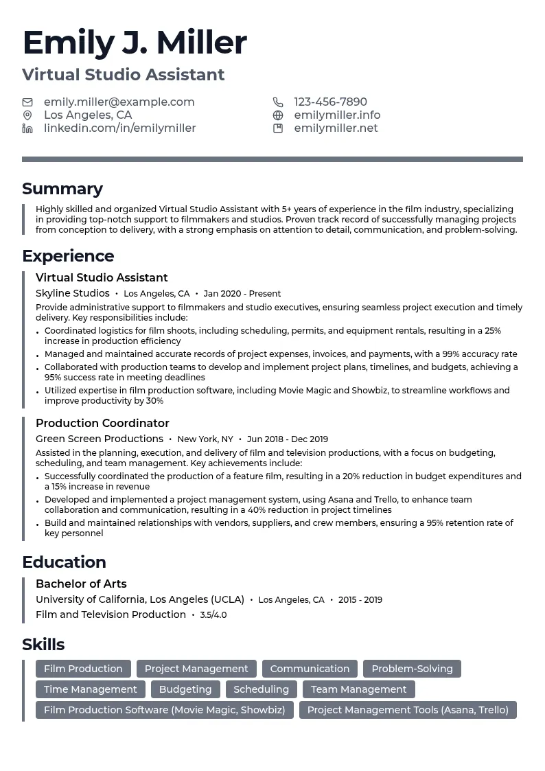 Virtual Studio Assistant resume example