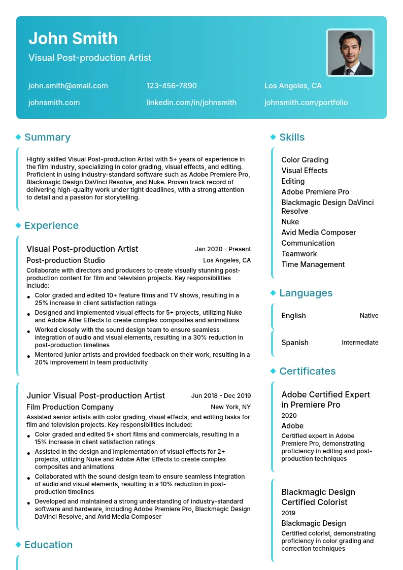 Visual Post-production Artist resume example