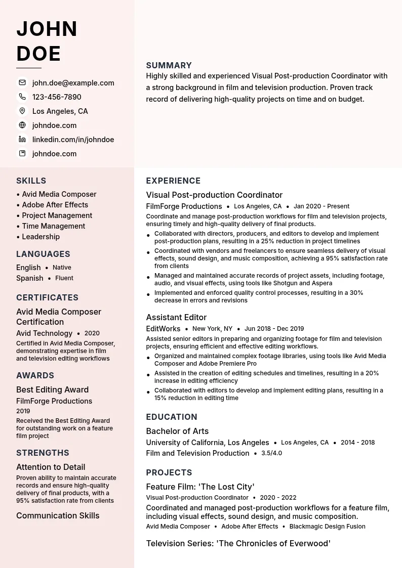Visual Post-production Coordinator resume example