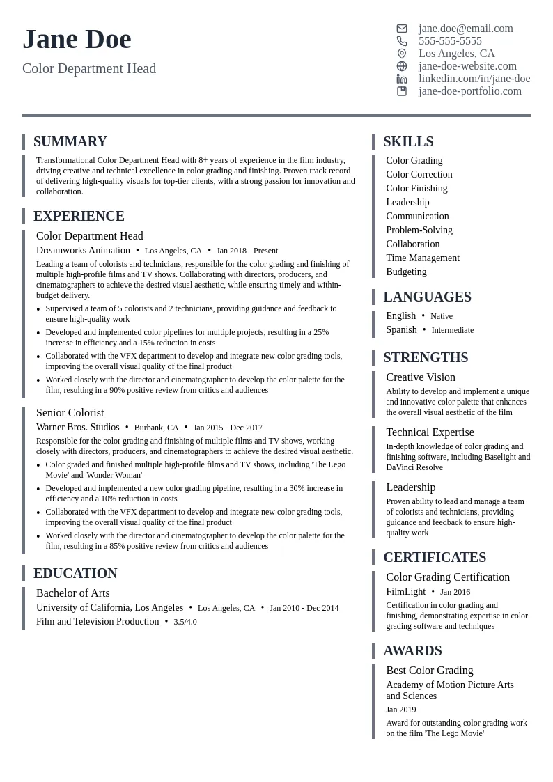 Color Department Head resume example