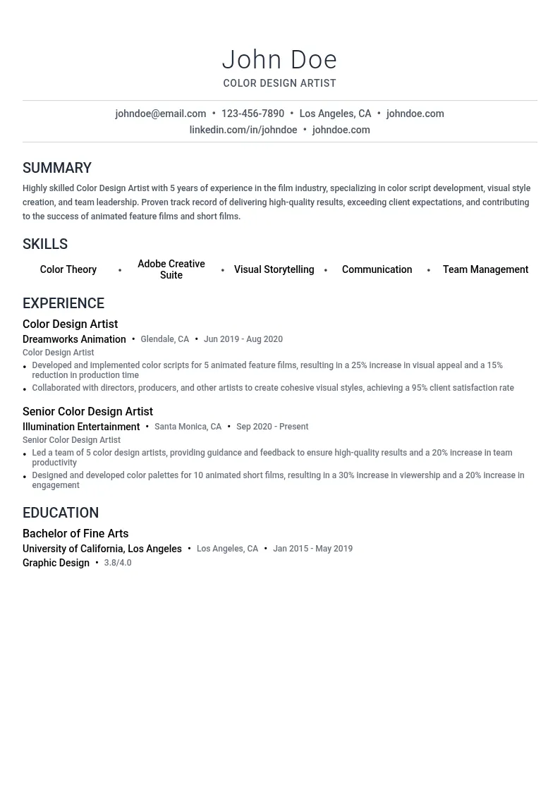 Color Design Artist resume example