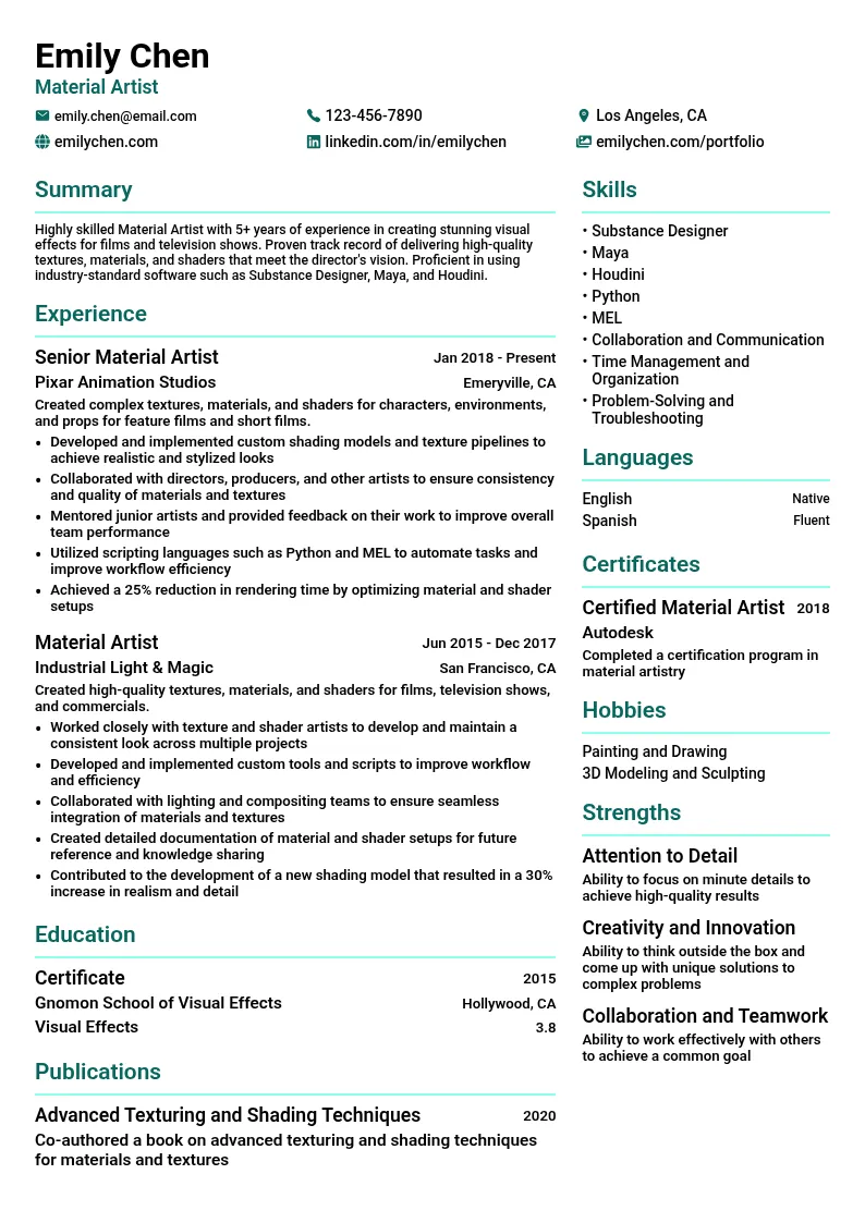 Material Artist resume example