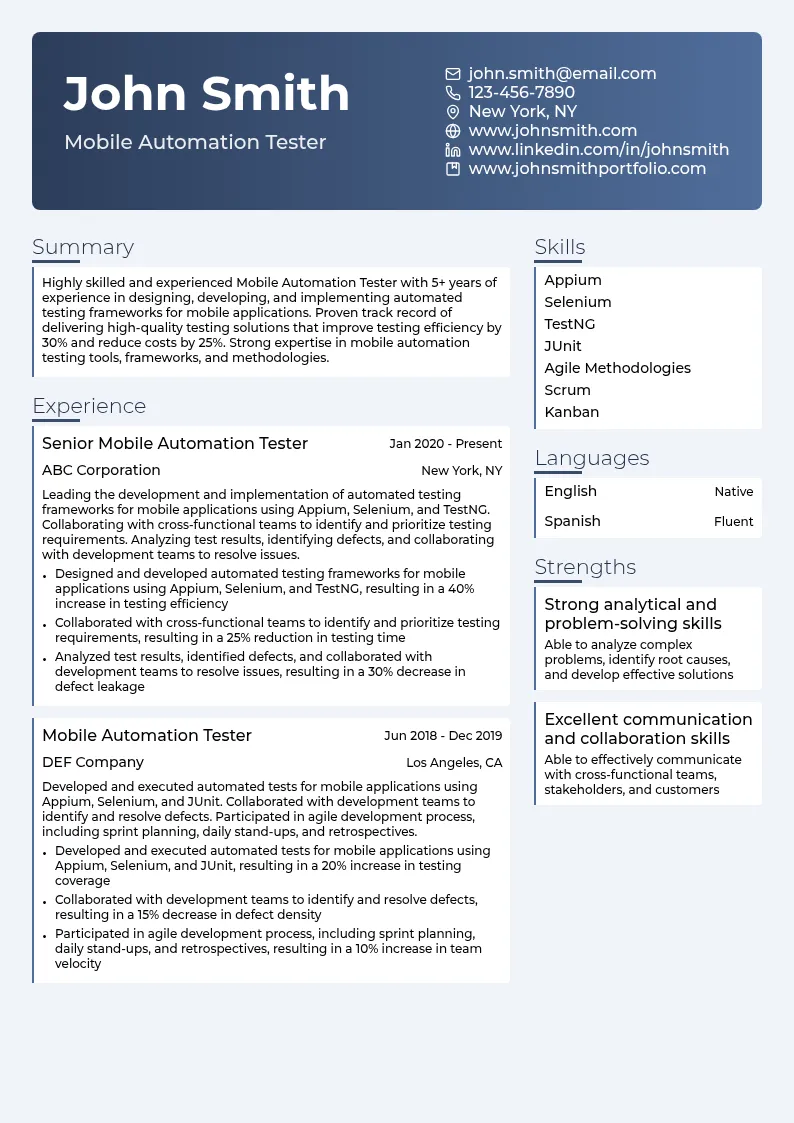 Mobile Automation Tester resume example