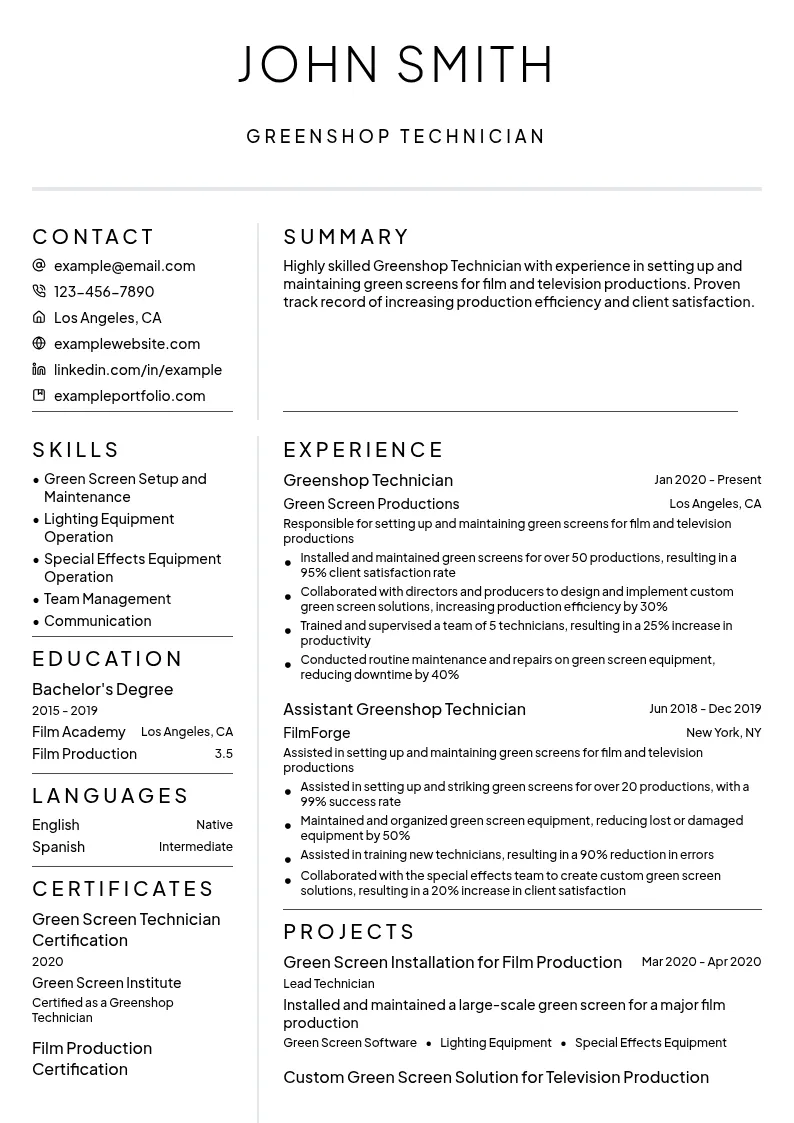 Greenshop Technician resume example
