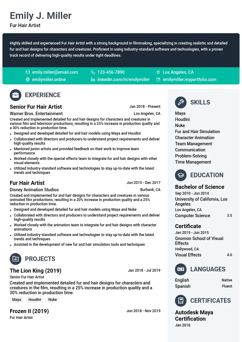 Fur Hair Artist resume example