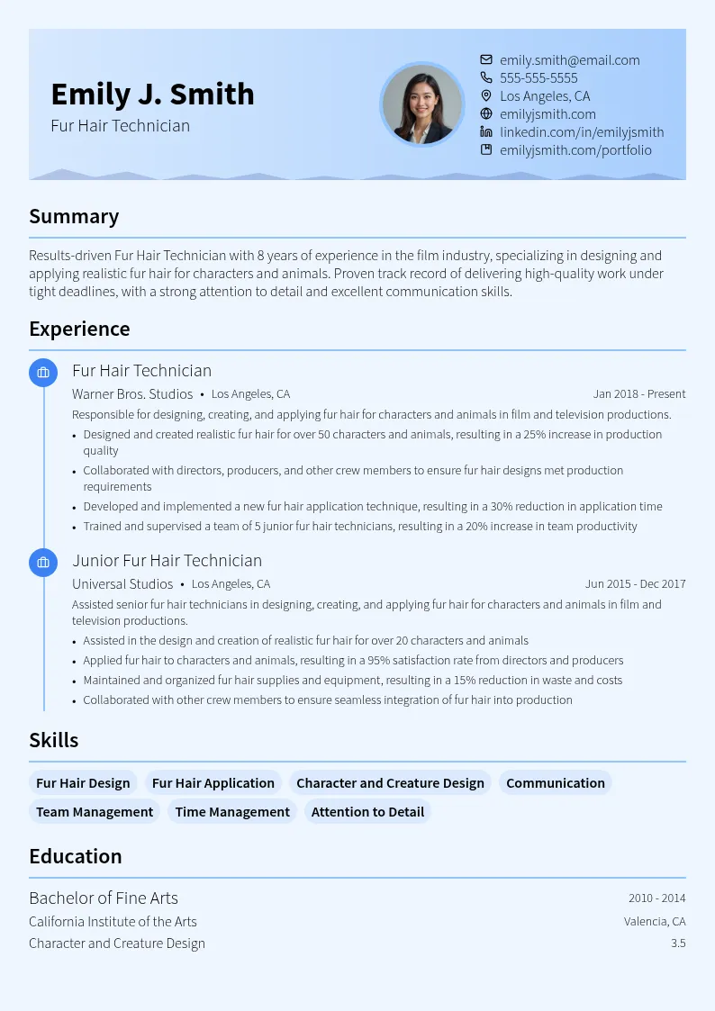 Fur Hair Technician resume example