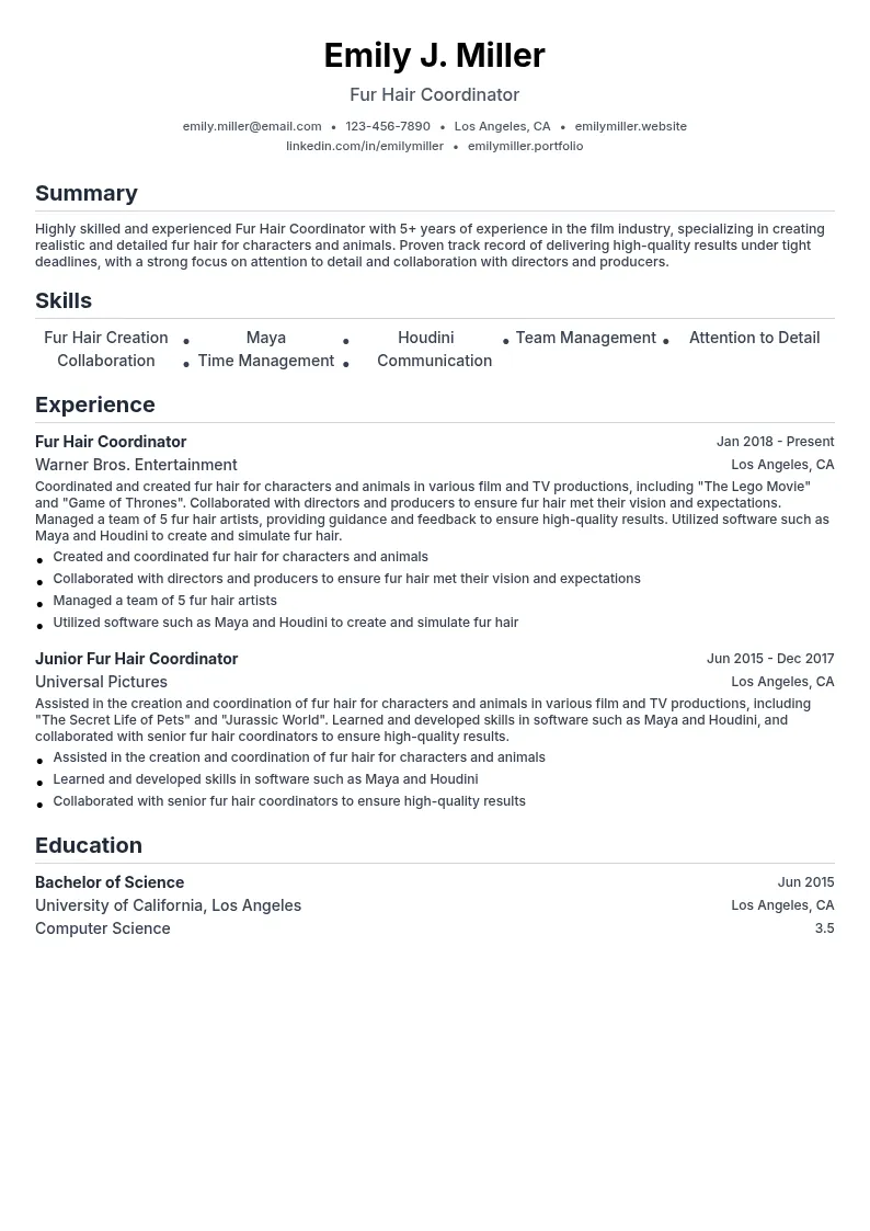 Fur Hair Coordinator resume example