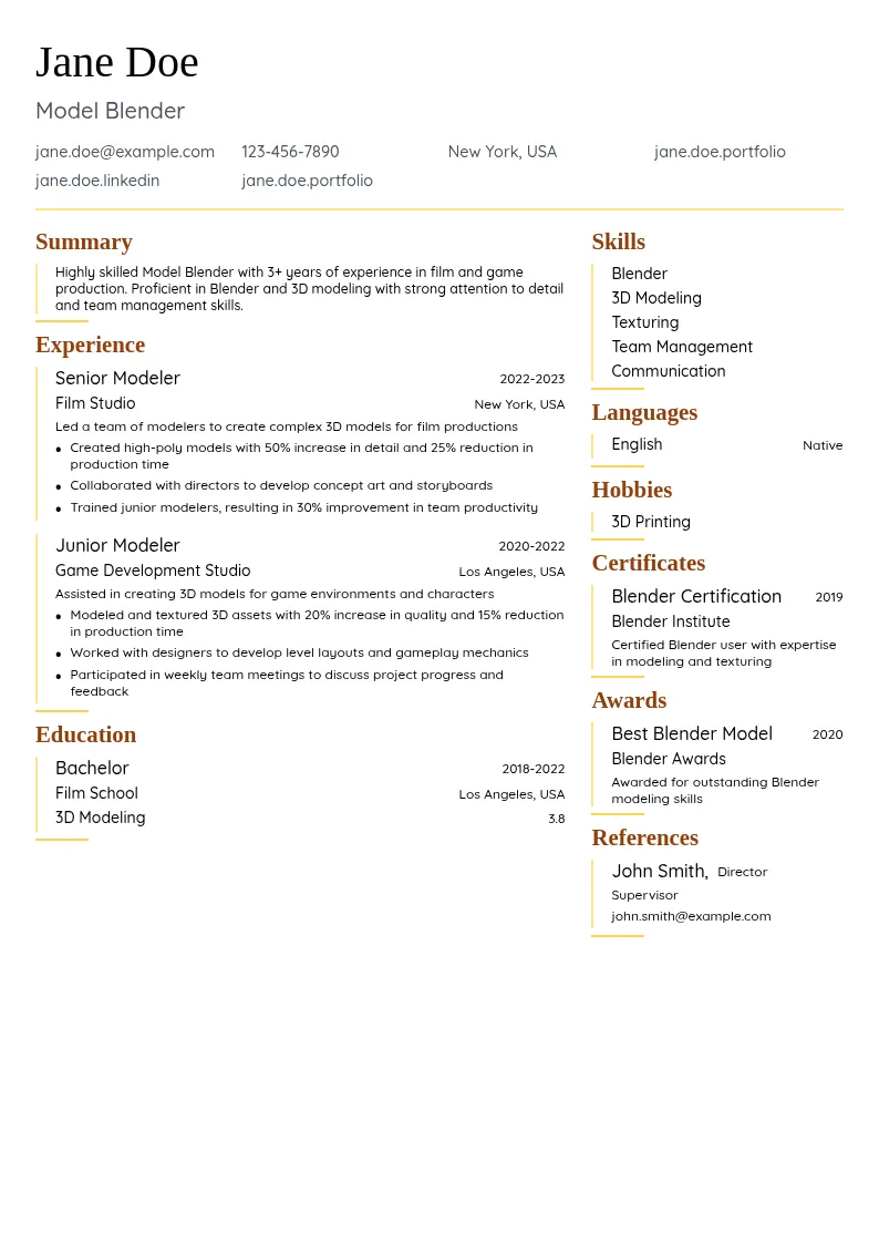 Model Blender resume example