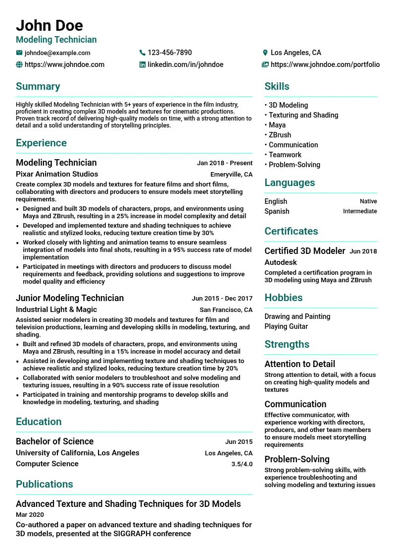 Modeling Technician resume example