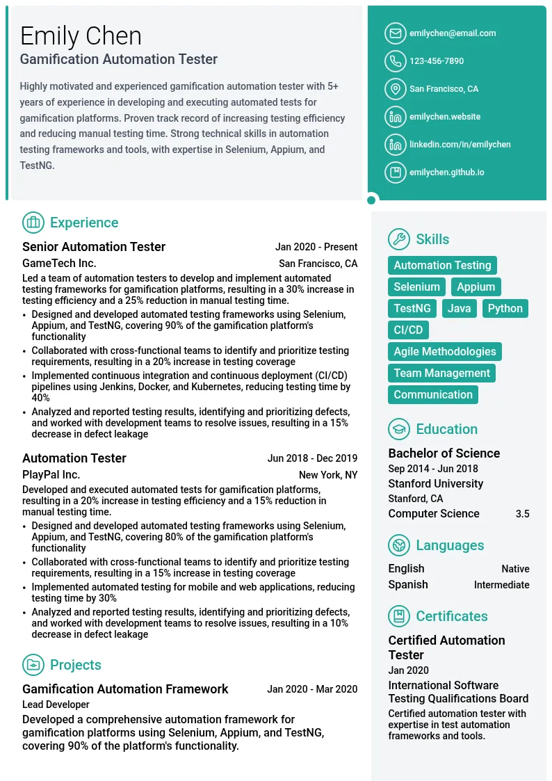 Gamification Automation Tester resume example