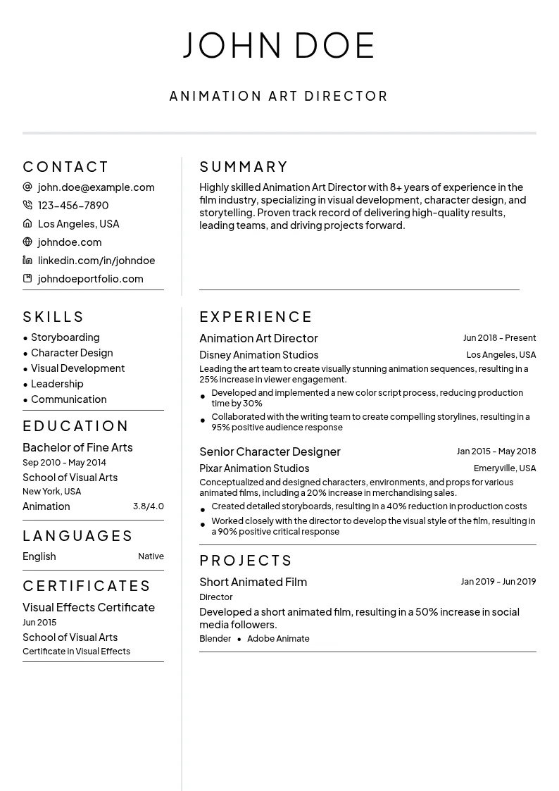 Animation Art Director resume example