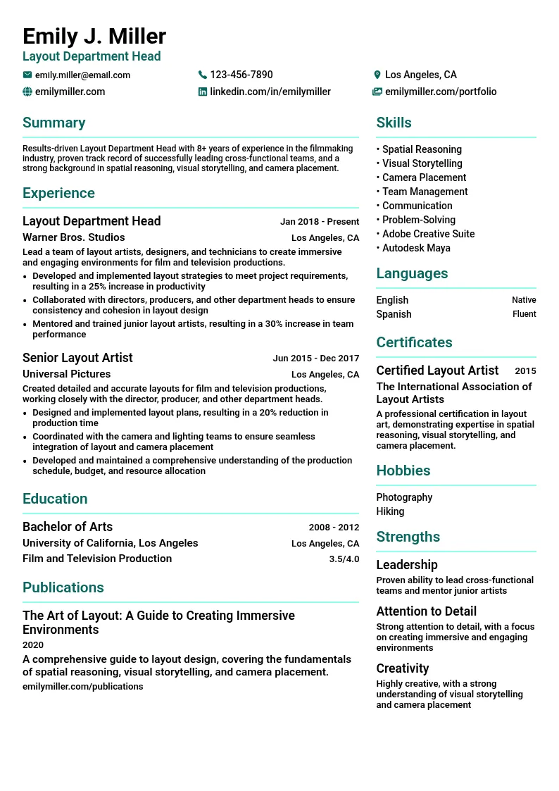 Layout Department Head resume example