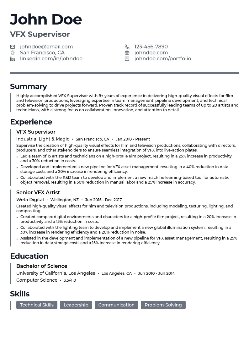 VFX Supervisor resume example