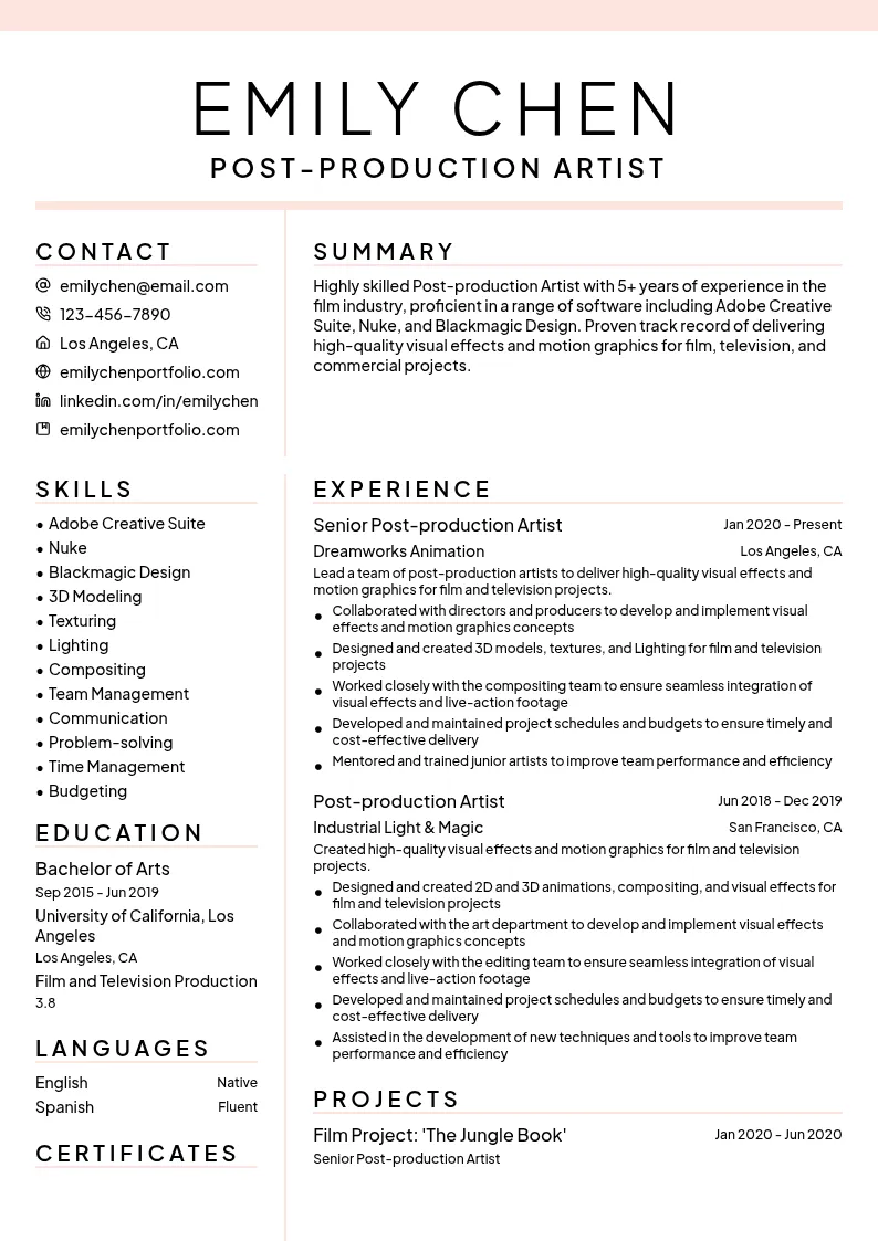 Post-production Artist resume example
