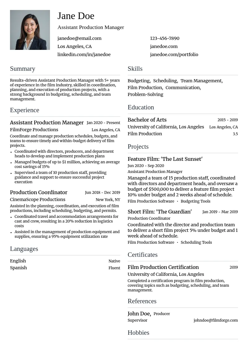 Assistant Production Manager resume example