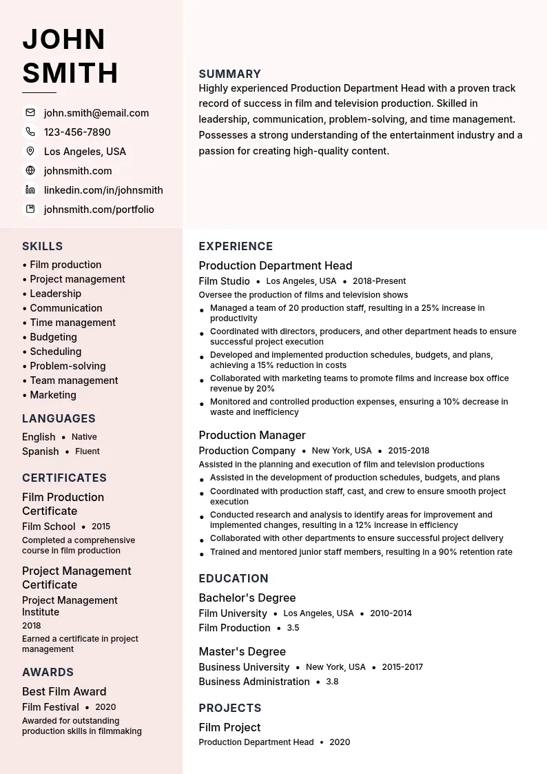 Production Department Head resume example