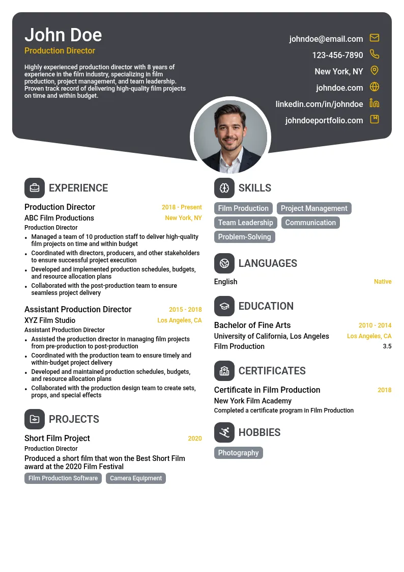 Production Director resume example