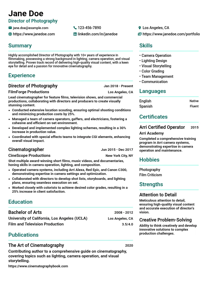 Director of Photography resume example