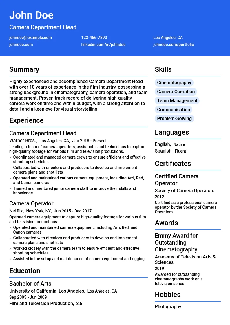 Camera Department Head resume example
