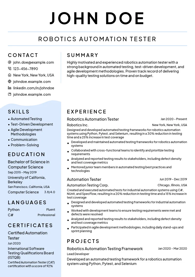 Robotics Automation Tester resume example