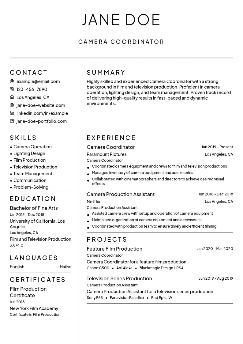 Camera Coordinator resume example
