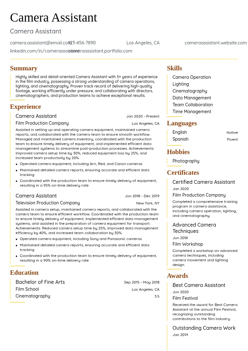 Camera Assistant resume example