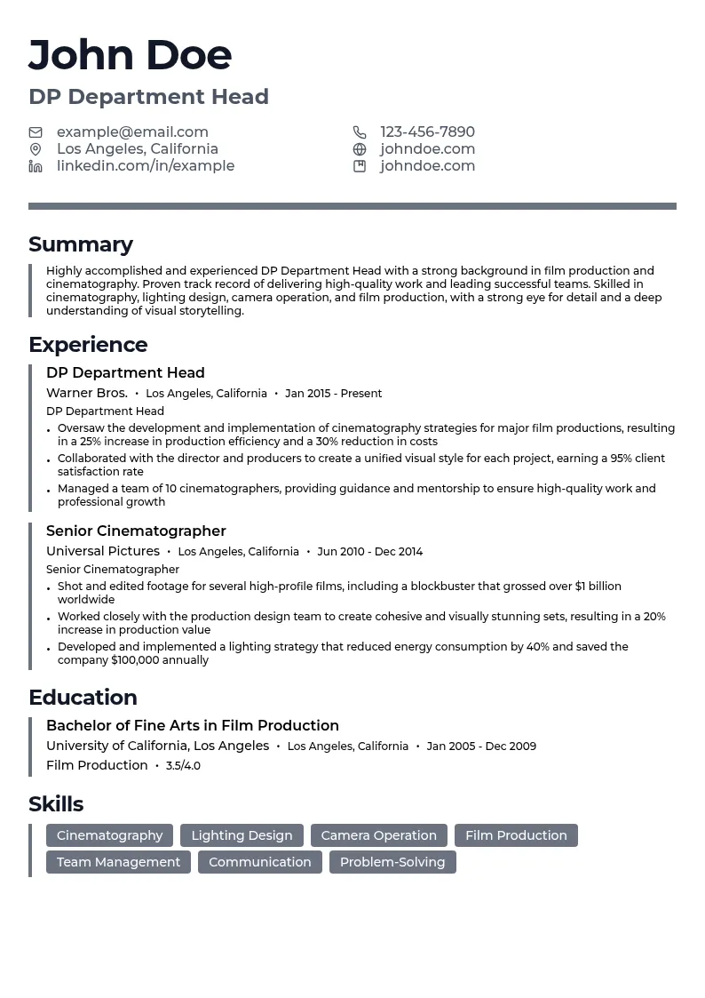 DP Department Head resume example