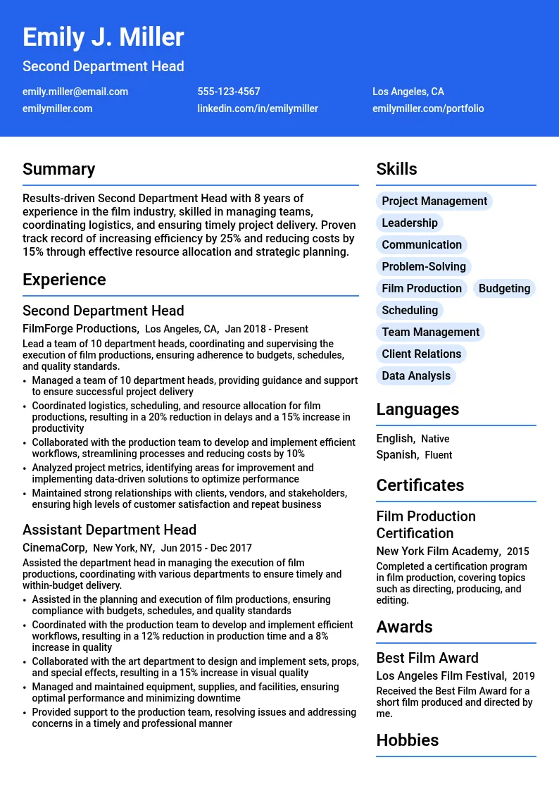 Second Department Head resume example