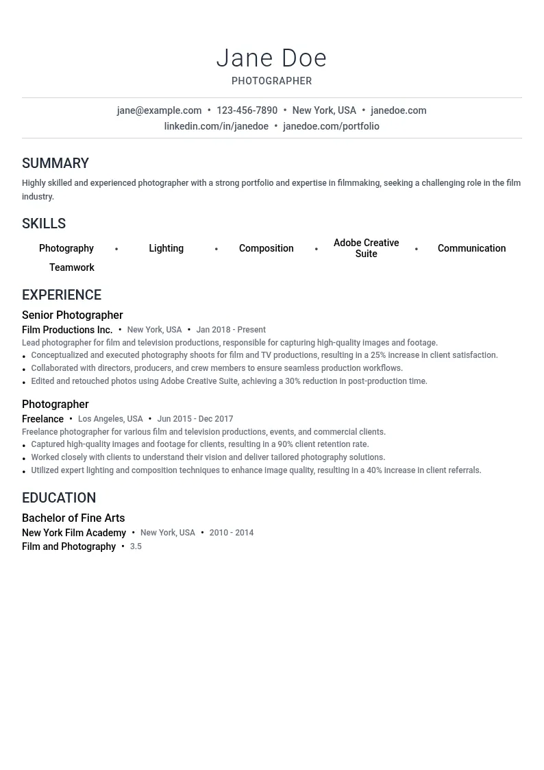 Photographer resume example