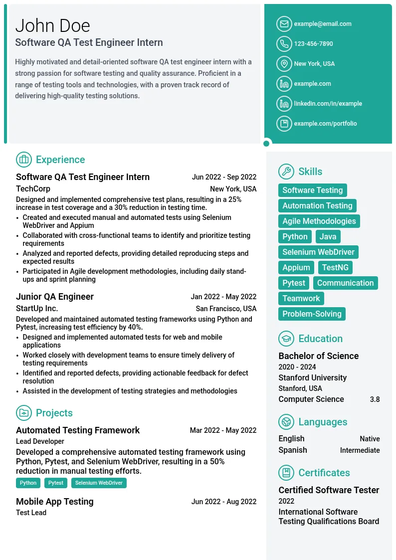 Software QA Test Engineer Intern resume example