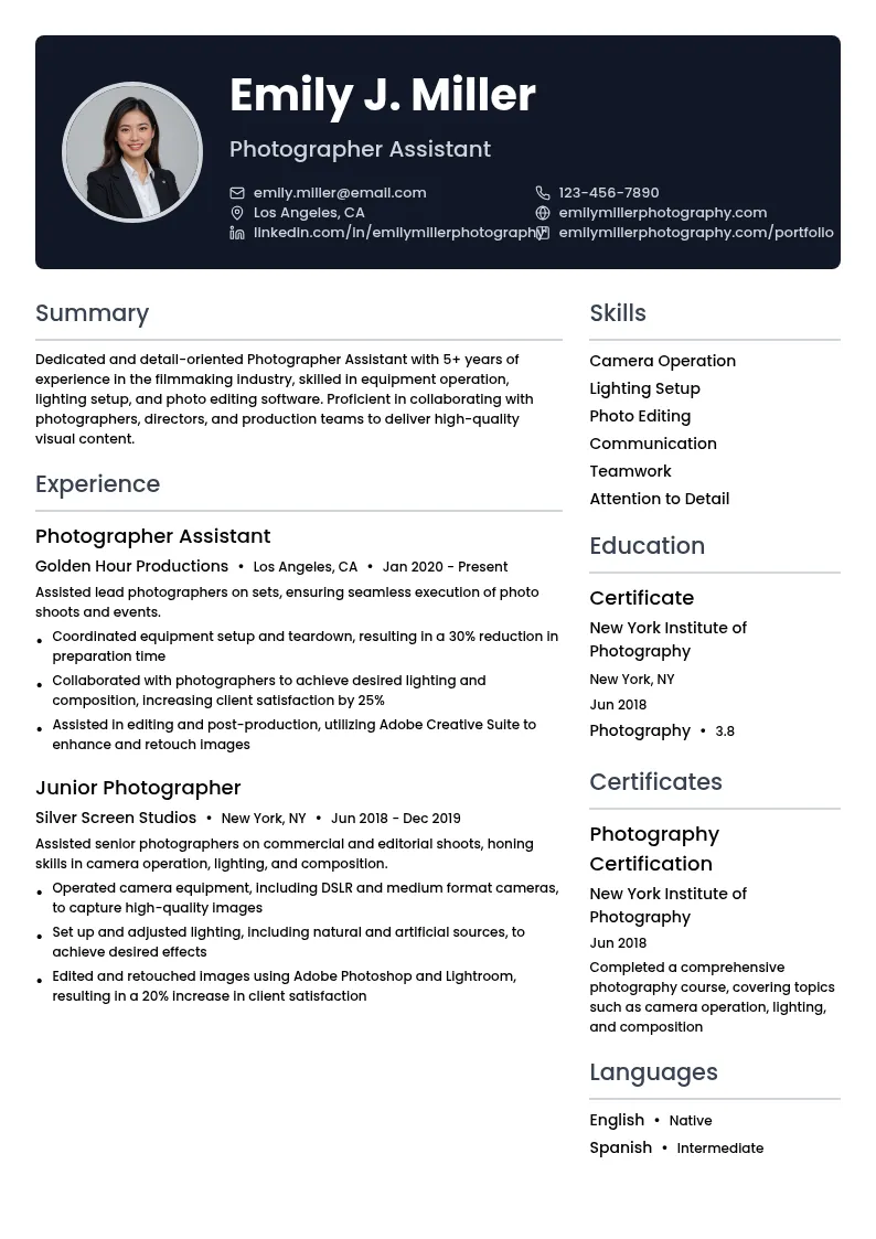 Photographer Assistant resume example