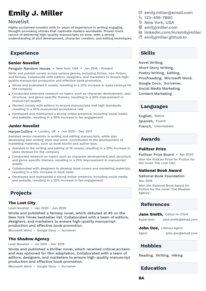 Novelist resume example