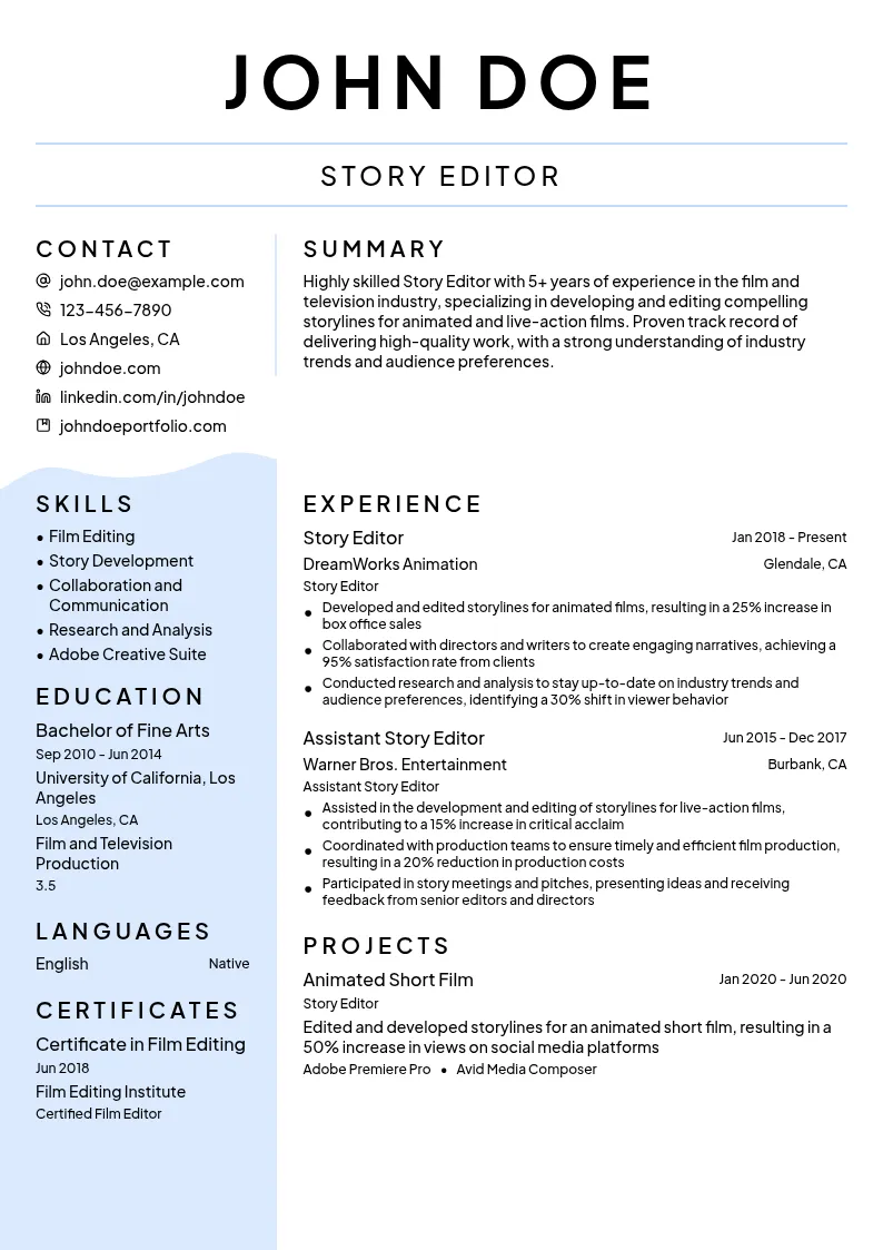 Story Editor resume example
