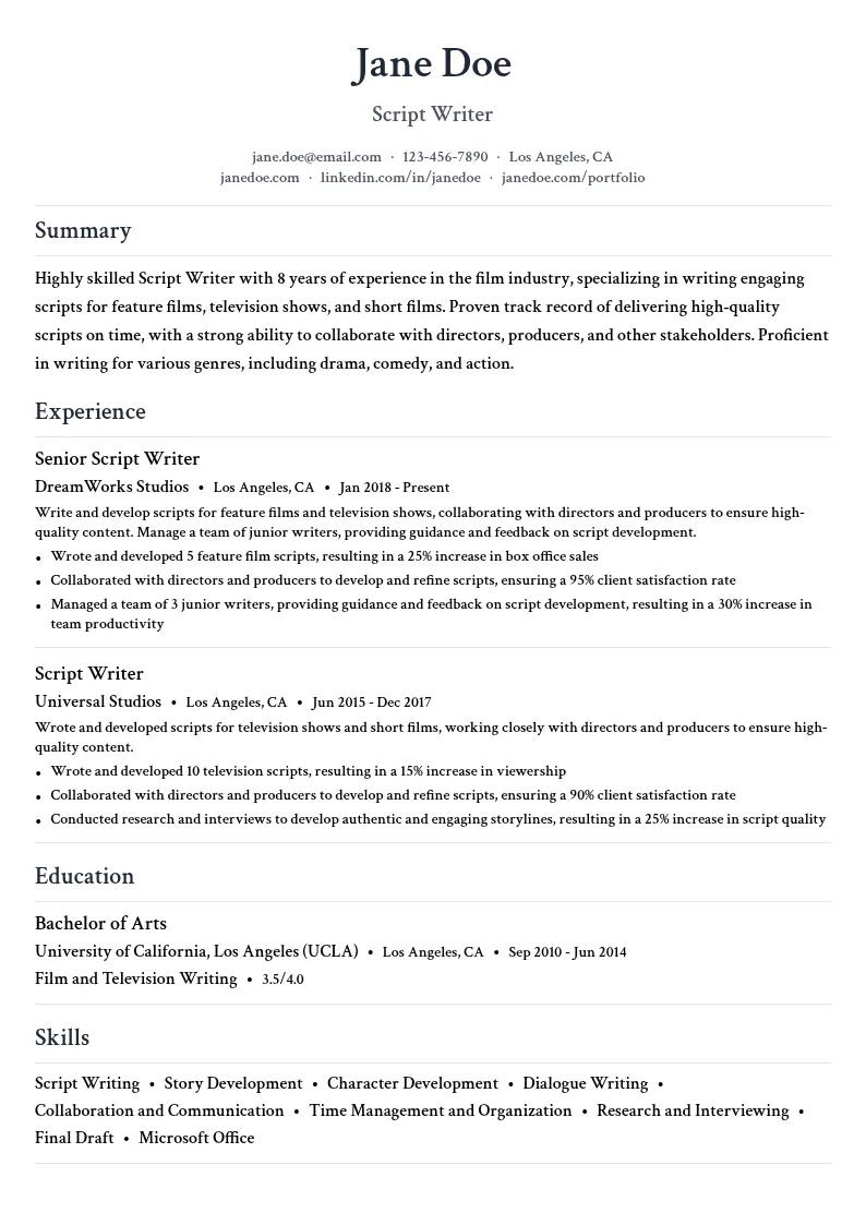 Script Writer resume example