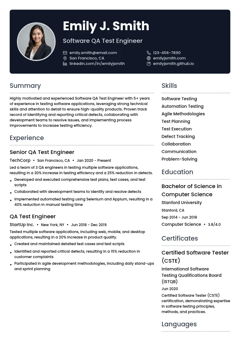 Software QA Test Engineer resume example