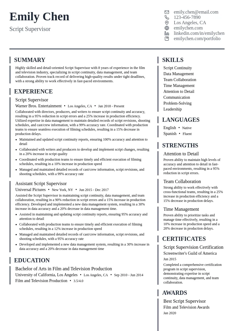 Script Supervisor resume example