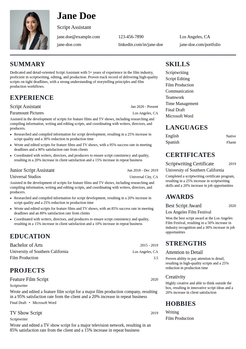 Script Assistant resume example