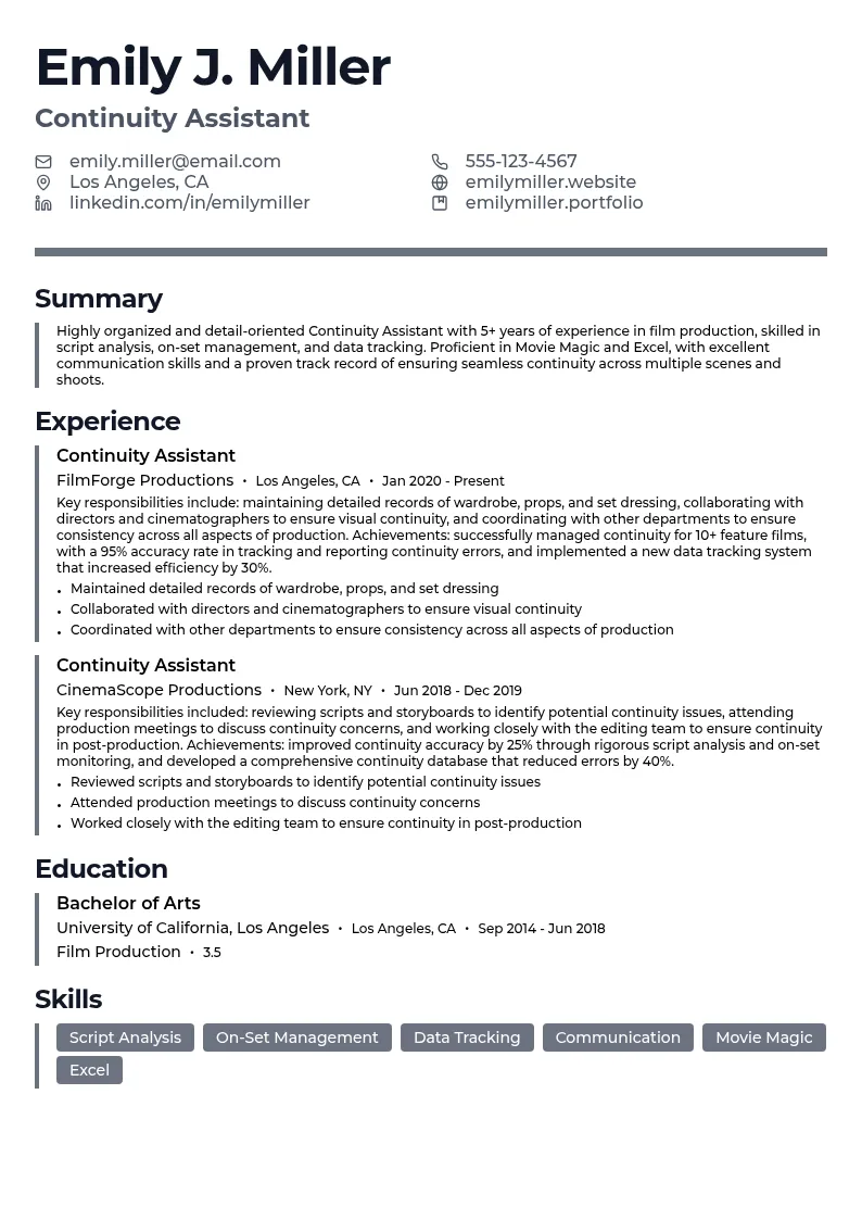 Continuity Assistant resume example