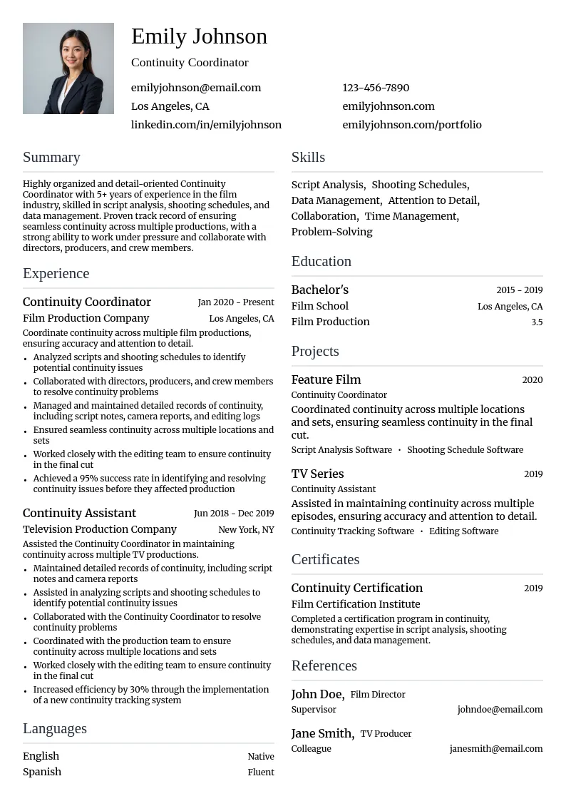 Continuity Coordinator resume example