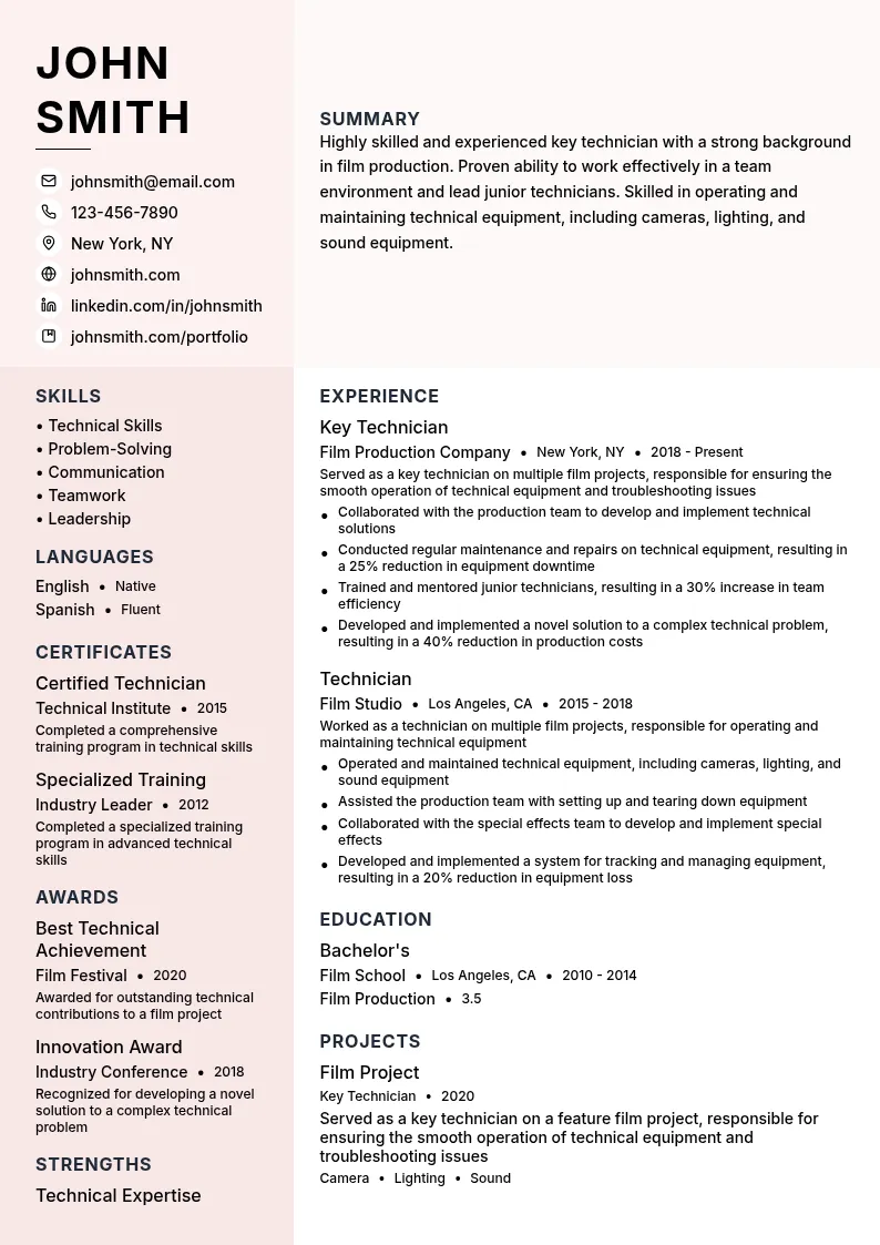 Key Technician resume example