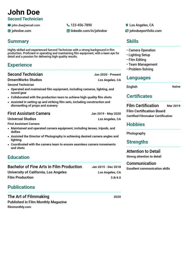 Second Technician resume example
