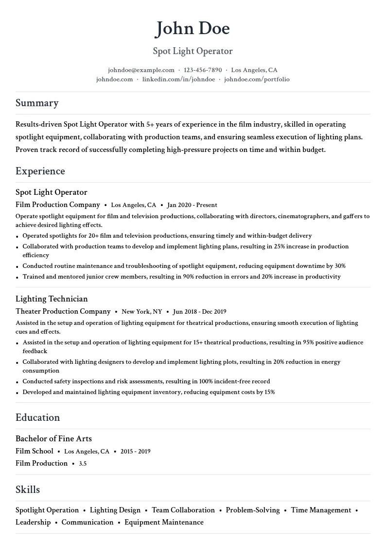 Spot Light Operator resume example