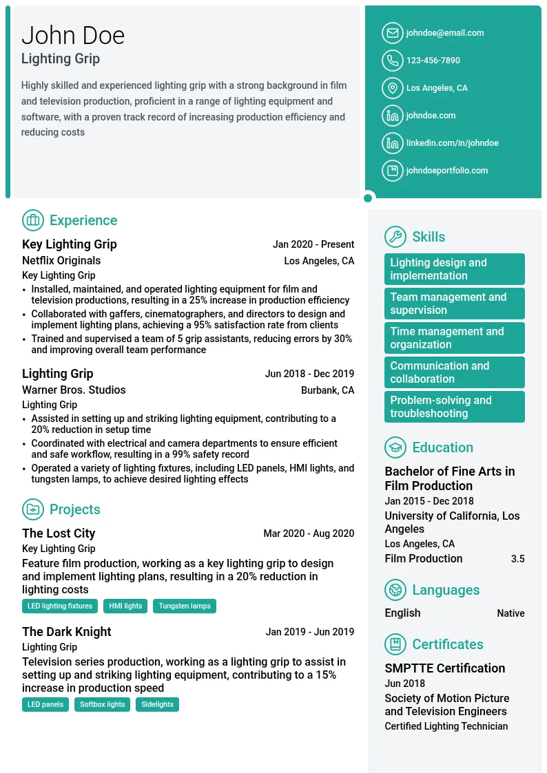 Lighting Grip resume example
