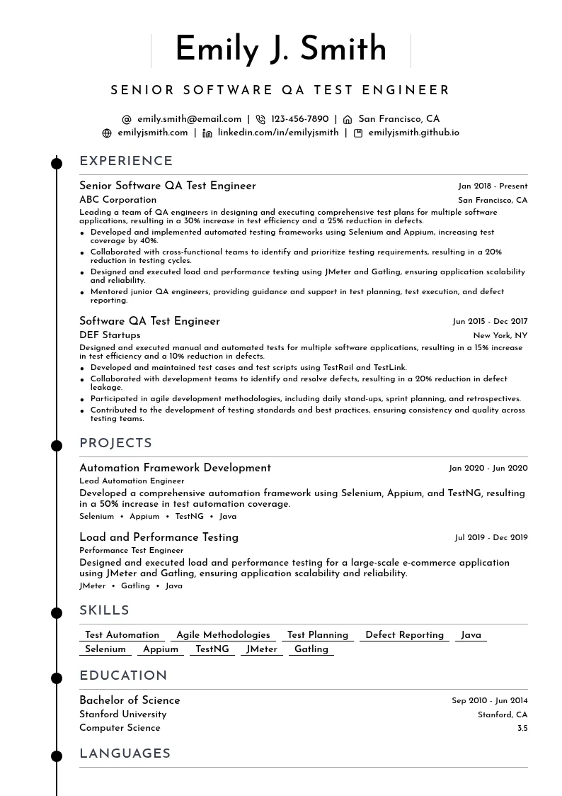 Senior Software QA Test Engineer resume example