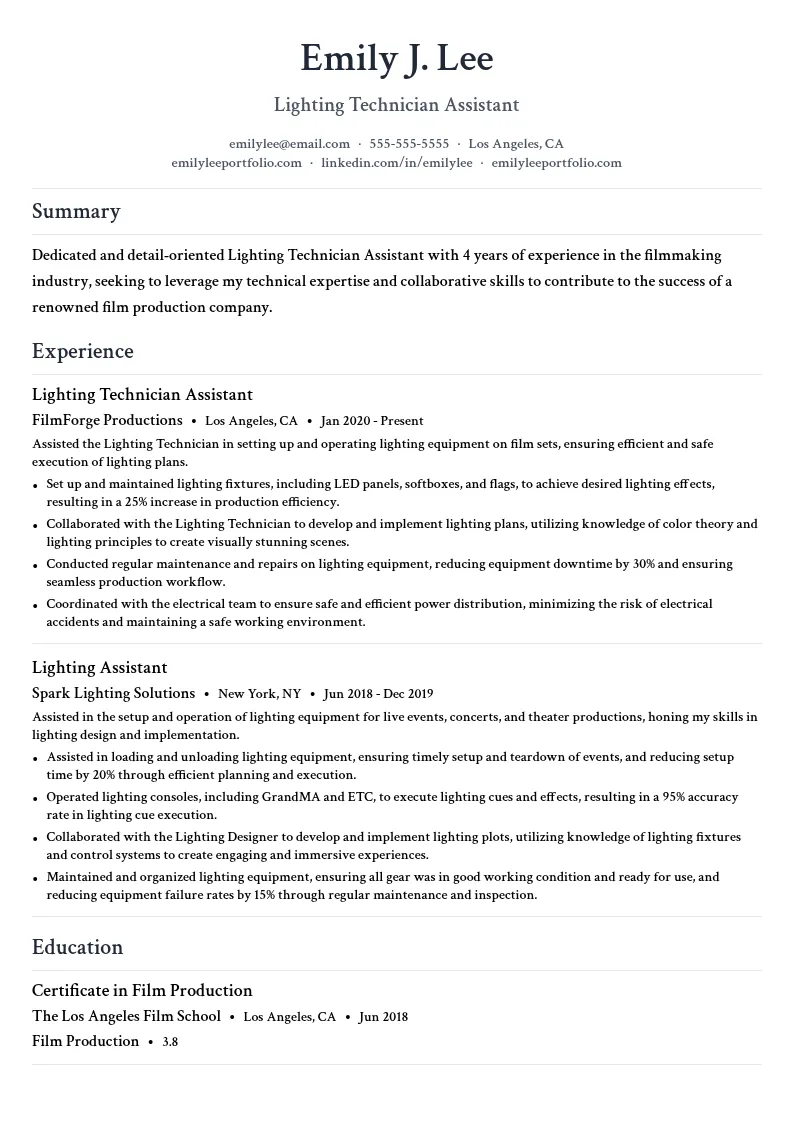 Lighting Technician Assistant resume example