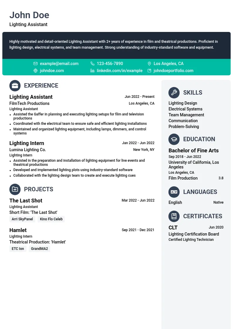 Lighting Assistant resume example