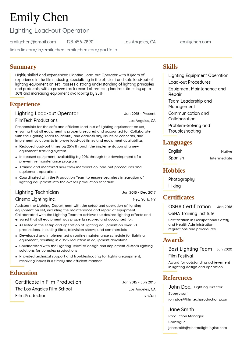 Lighting Load-out Operator resume example
